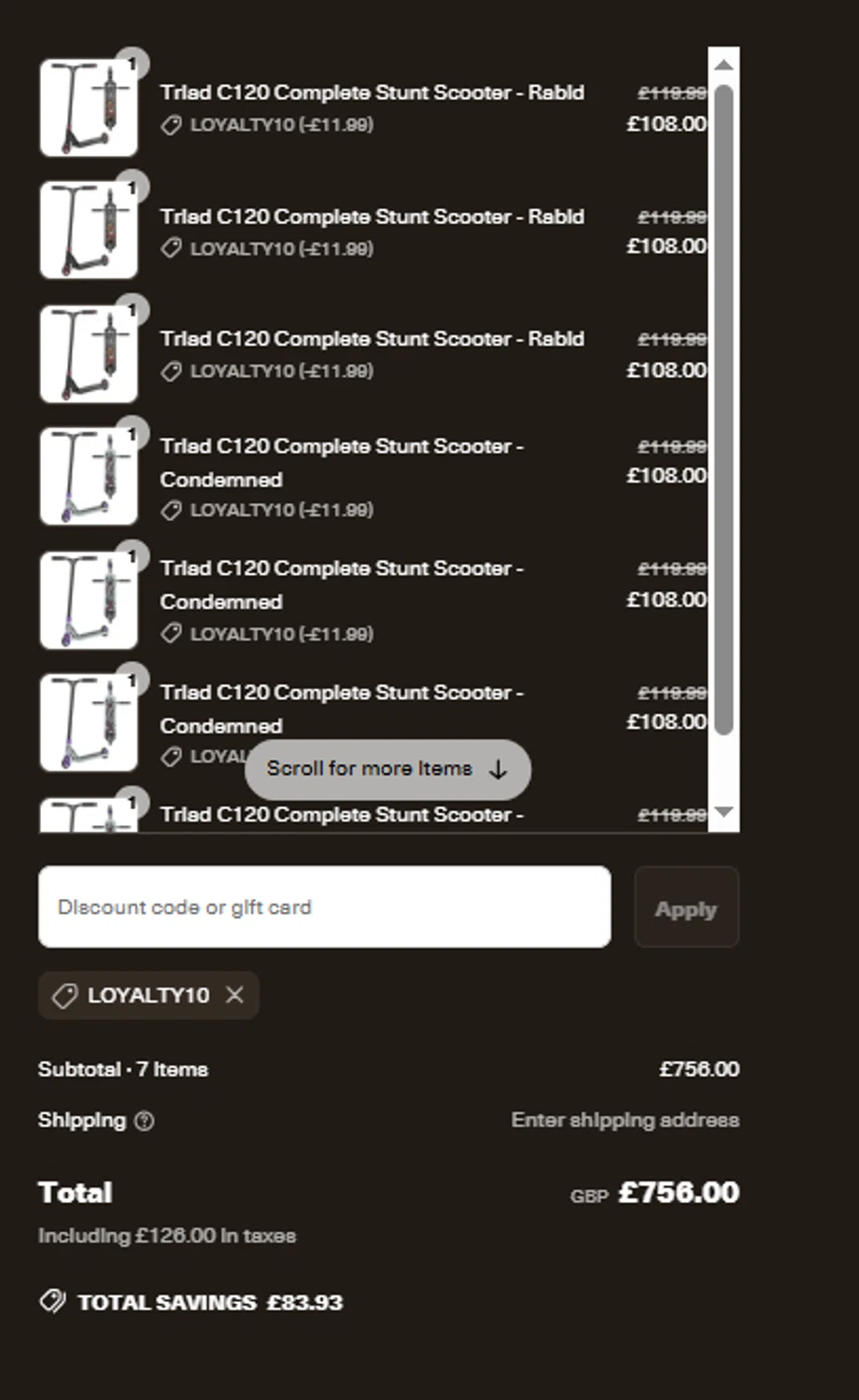 DoggScooters discount code screenshot showing code LOYALTY10 applied at DoggScooters checkout page. Uploaded by SimplyCodes community member elmono on Jun 20, 2025