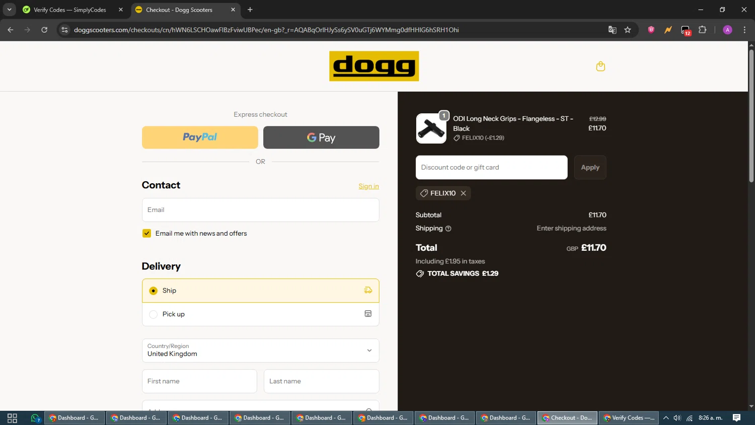DoggScooters discount code screenshot showing code FELIX10 applied at DoggScooters checkout page. Uploaded by SimplyCodes community member CouponScout5403 on Dec 12, 2025
