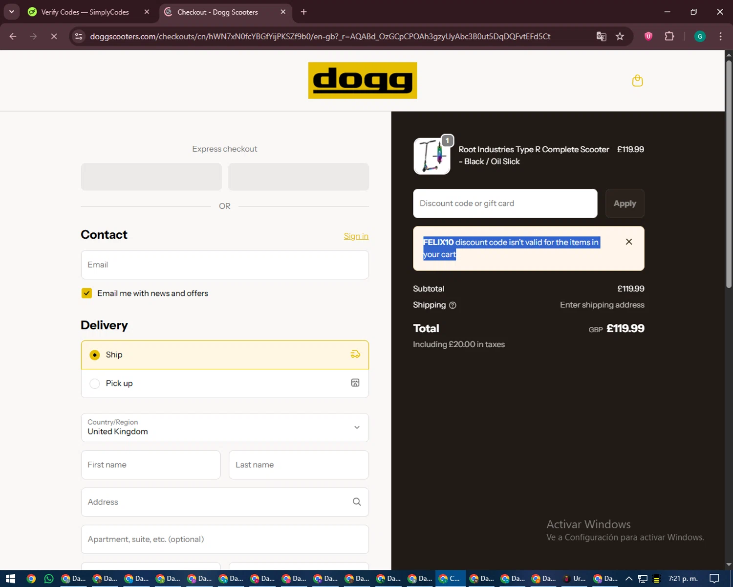 DoggScooters discount code screenshot showing code FELIX10 applied at DoggScooters checkout page. Uploaded by SimplyCodes community member PennyFinder5759 on Jan 23, 2026