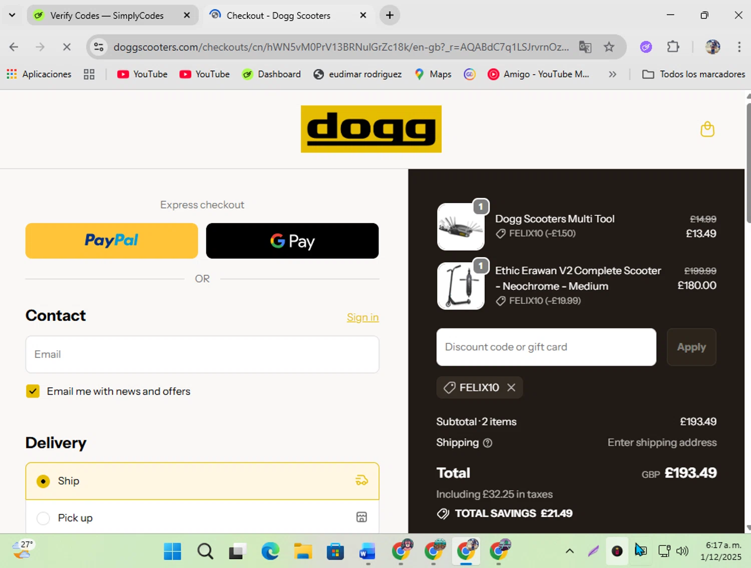 DoggScooters discount code screenshot showing code FELIX10 applied at DoggScooters checkout page. Uploaded by SimplyCodes community member ShrewdSeeker5445 on Dec 1, 2025