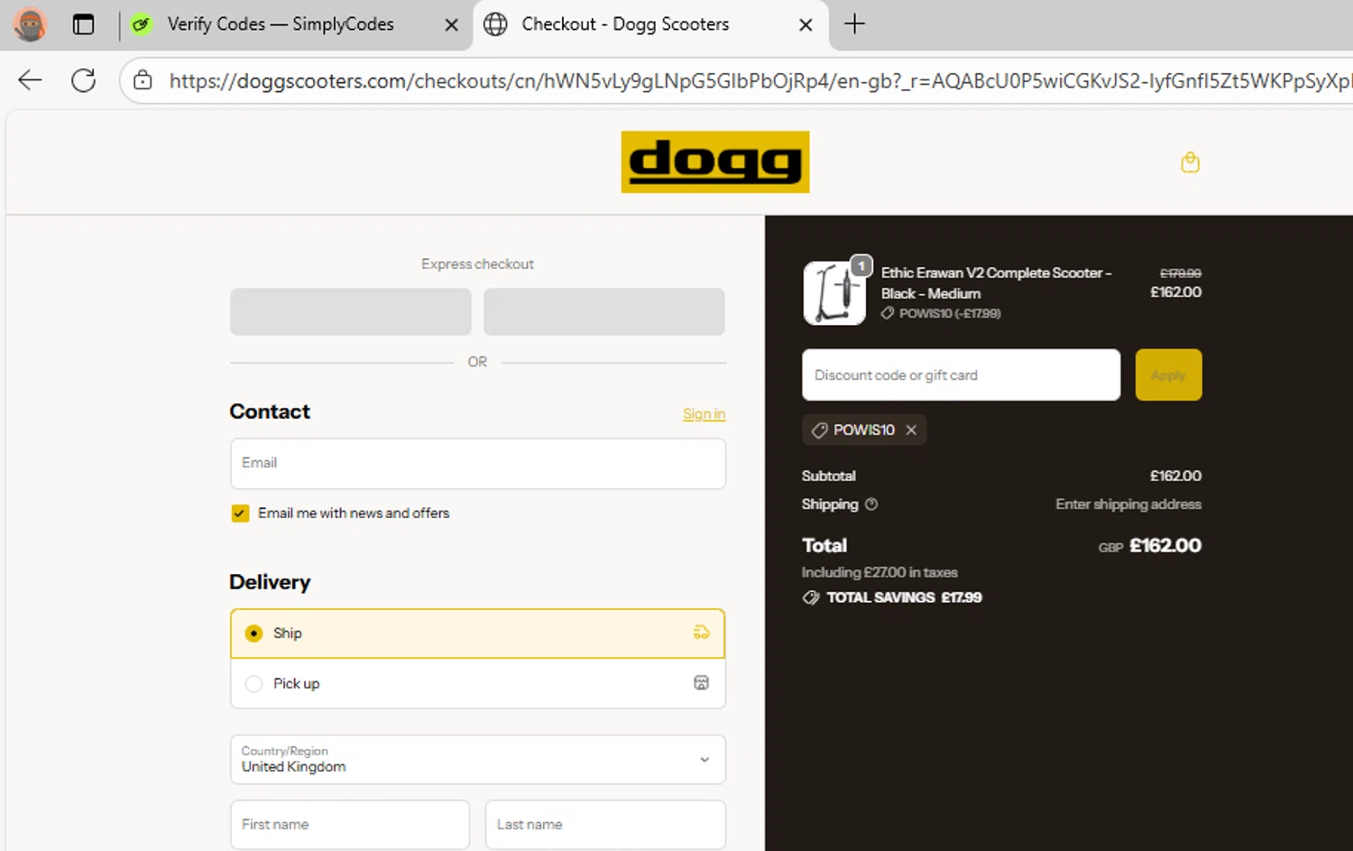 DoggScooters discount code screenshot showing code powis10 applied at DoggScooters checkout page. Uploaded by SimplyCodes community member CrownPilot9171 on Dec 1, 2025