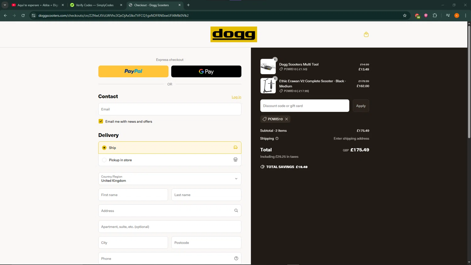 DoggScooters discount code screenshot showing code powis10 applied at DoggScooters checkout page. Uploaded by SimplyCodes community member ShrewdCaptain9911 on Jun 18, 2025