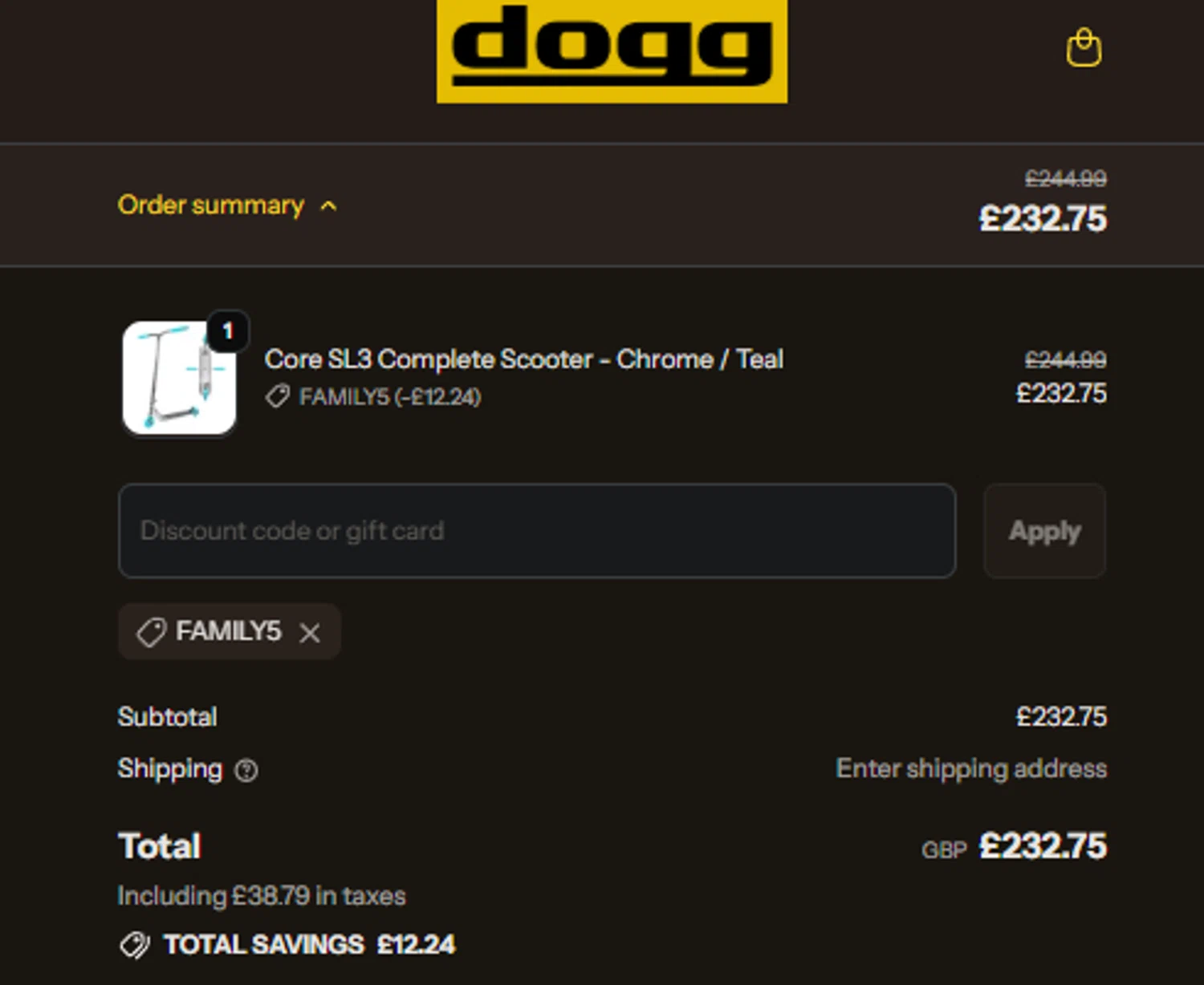 DoggScooters discount code screenshot showing code FAMILY5 applied at DoggScooters checkout page. Uploaded by SimplyCodes community member idkxxx on Nov 16, 2025
