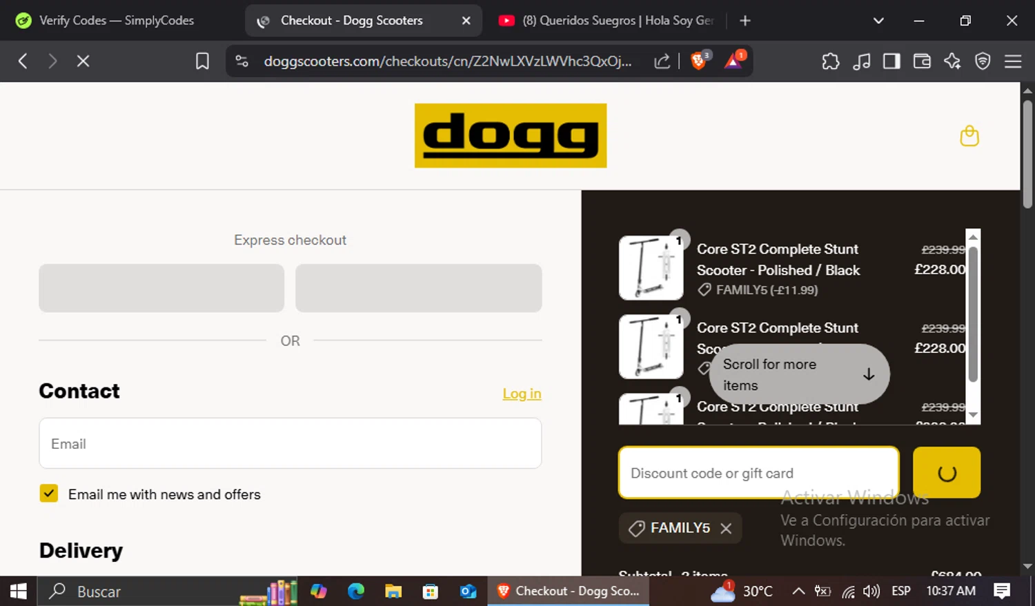 DoggScooters discount code screenshot showing code FAMILY5 applied at DoggScooters checkout page. Uploaded by SimplyCodes community member jairinho on Apr 23, 2025