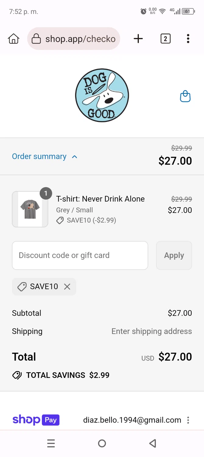 Dog Is Good promo code screenshot showing code SAVE10 applied at Dog Is Good checkout page. Uploaded by SimplyCodes community member Anthony_Diaz on Aug 3, 2025