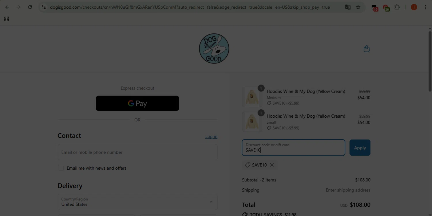 Dog Is Good promo code screenshot showing code SAVE10 applied at Dog Is Good checkout page. Uploaded by SimplyCodes community member WonderSpotter5339 on Jul 22, 2025