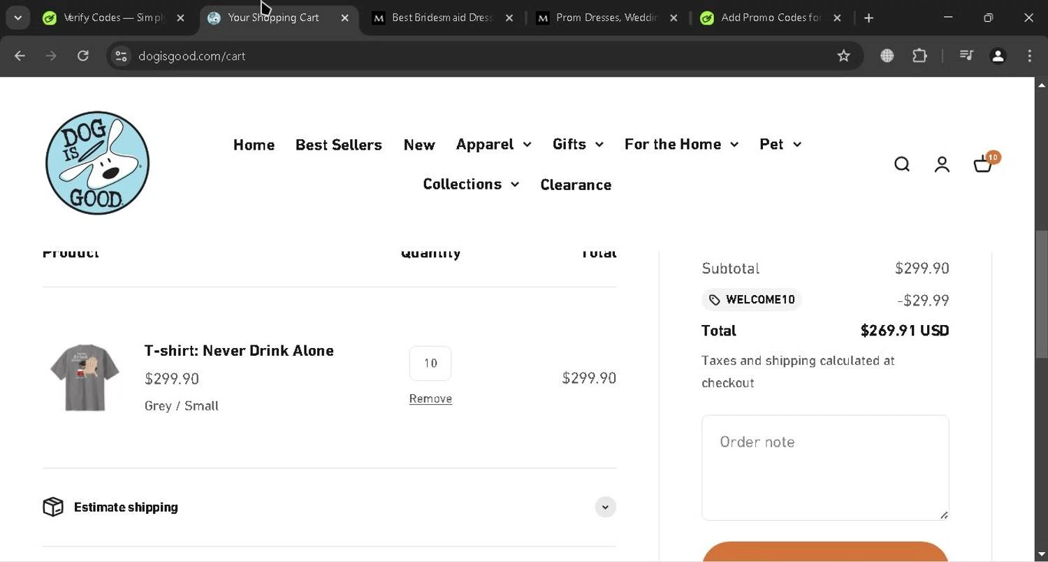 Dog Is Good promo code screenshot showing code WELCOME10 applied at Dog Is Good checkout page. Uploaded by SimplyCodes community member RewardPro9011 on Feb 16, 2025