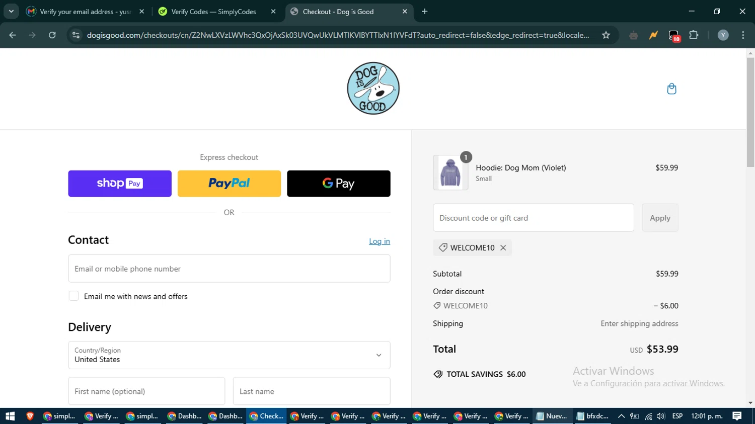 Dog Is Good promo code screenshot showing code WELCOME10 applied at Dog Is Good checkout page. Uploaded by SimplyCodes community member MoneyTiger5162 on Feb 16, 2025