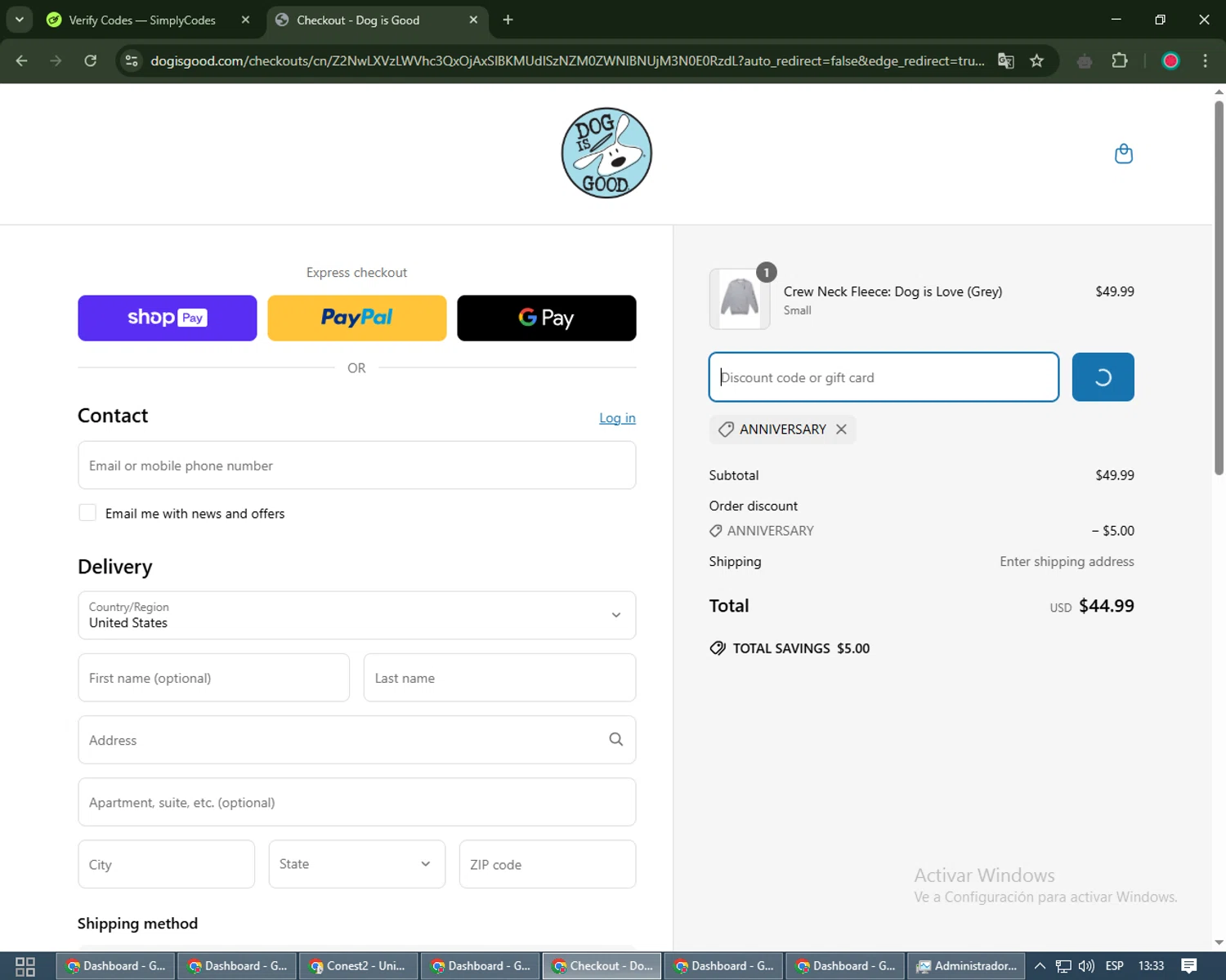 Dog Is Good promo code screenshot showing code ANNIVERSARY applied at Dog Is Good checkout page. Uploaded by SimplyCodes community member james_smith on Mar 17, 2025