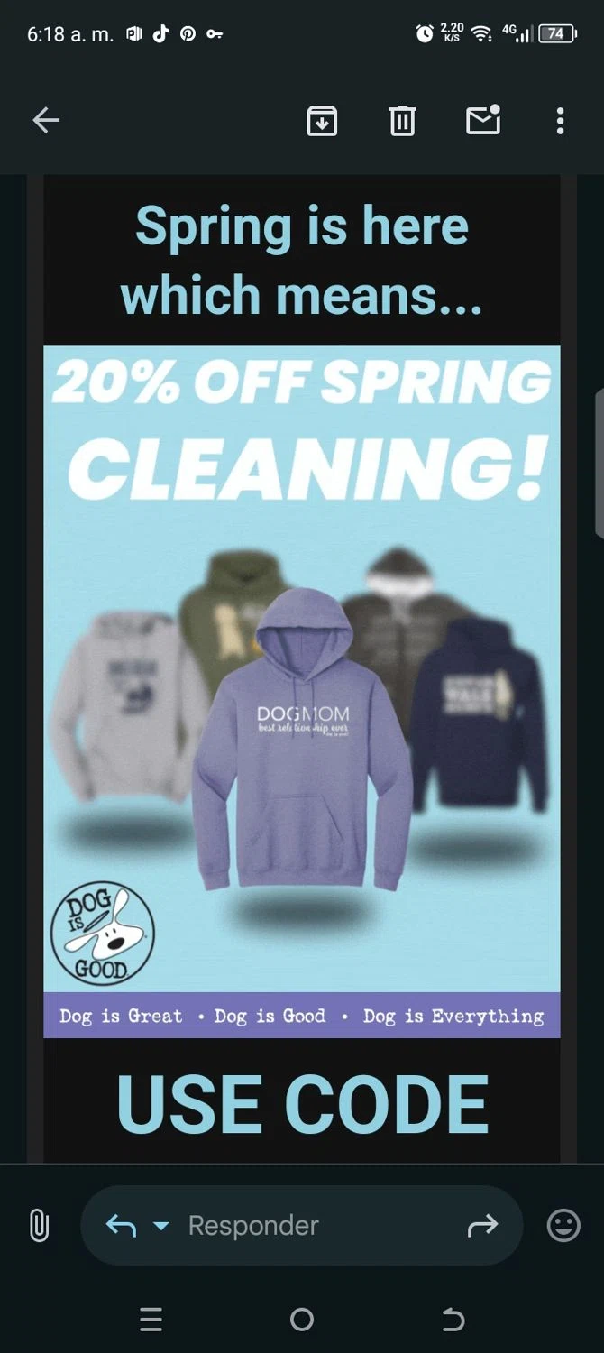 Dog Is Good promo code screenshot showing code SPRING20 applied at Dog Is Good checkout page. Uploaded by SimplyCodes community member kellymoreno on Apr 15, 2025