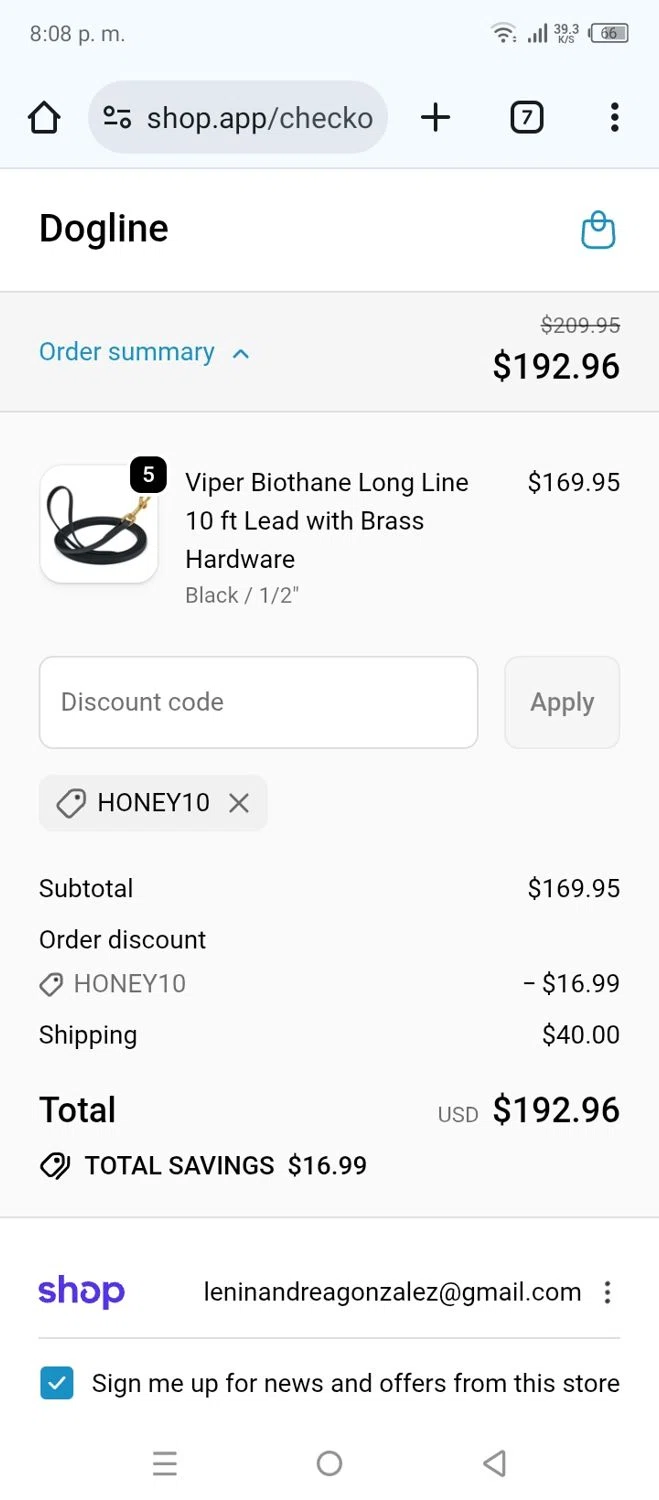Dogline discount code screenshot showing code HONEY10 applied at Dogline checkout page. Uploaded by SimplyCodes community member leninandrea on Dec 23, 2025