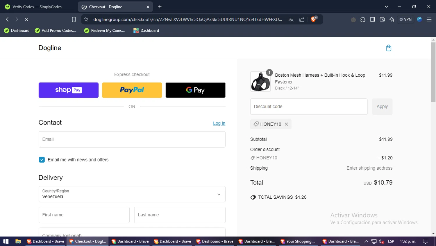 Dogline discount code screenshot showing code HONEY10 applied at Dogline checkout page. Uploaded by SimplyCodes community member pinpon on Dec 29, 2024