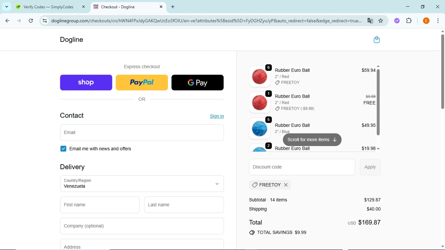Dogline discount code screenshot showing code freetoy applied at Dogline checkout page. Uploaded by SimplyCodes community member BudgetFox5491 on Oct 18, 2025