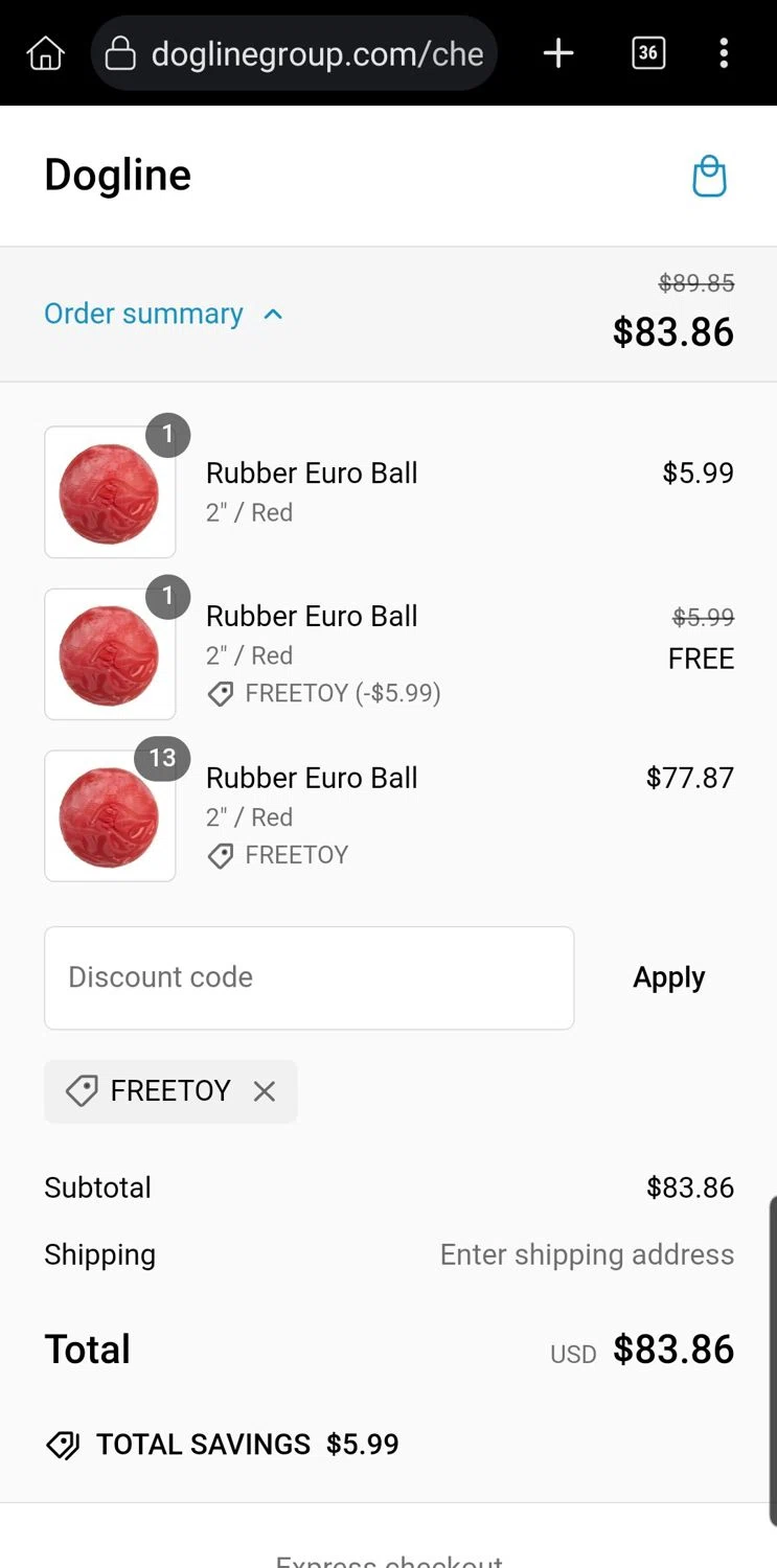 Dogline discount code screenshot showing code freetoy applied at Dogline checkout page. Uploaded by SimplyCodes community member Carloslvz on Dec 28, 2024