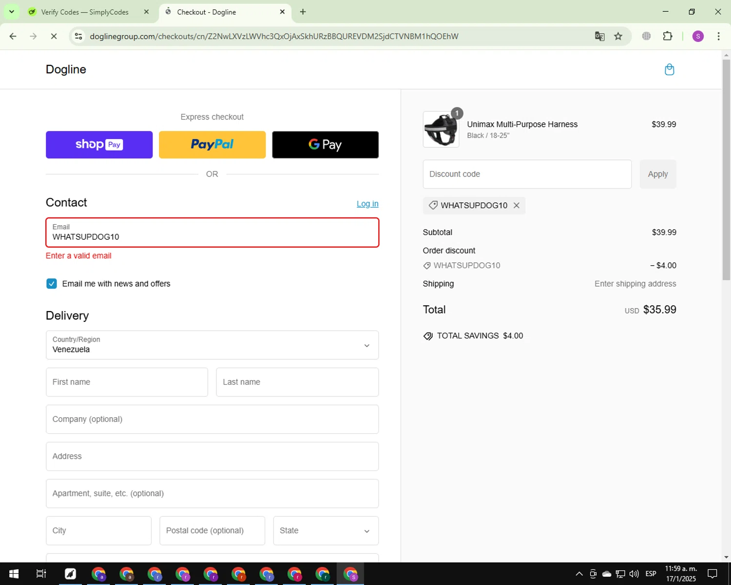 Dogline discount code screenshot showing code WHATSUPDOG10 applied at Dogline checkout page. Uploaded by SimplyCodes community member CouponScout7561 on Jan 17, 2025