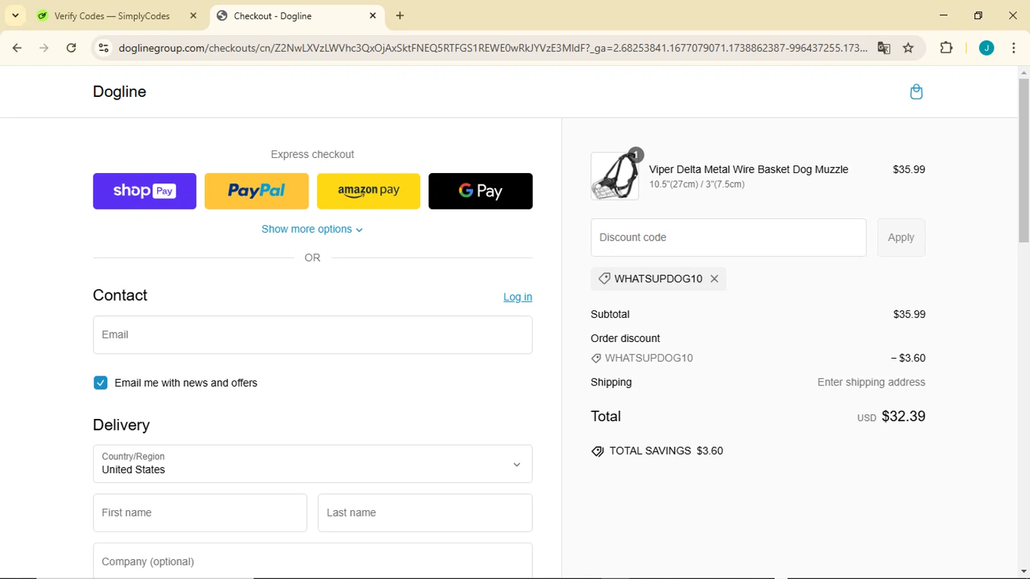 Dogline discount code screenshot showing code WHATSUPDOG10 applied at Dogline checkout page. Uploaded by SimplyCodes community member GoldDefender3268 on Feb 6, 2025
