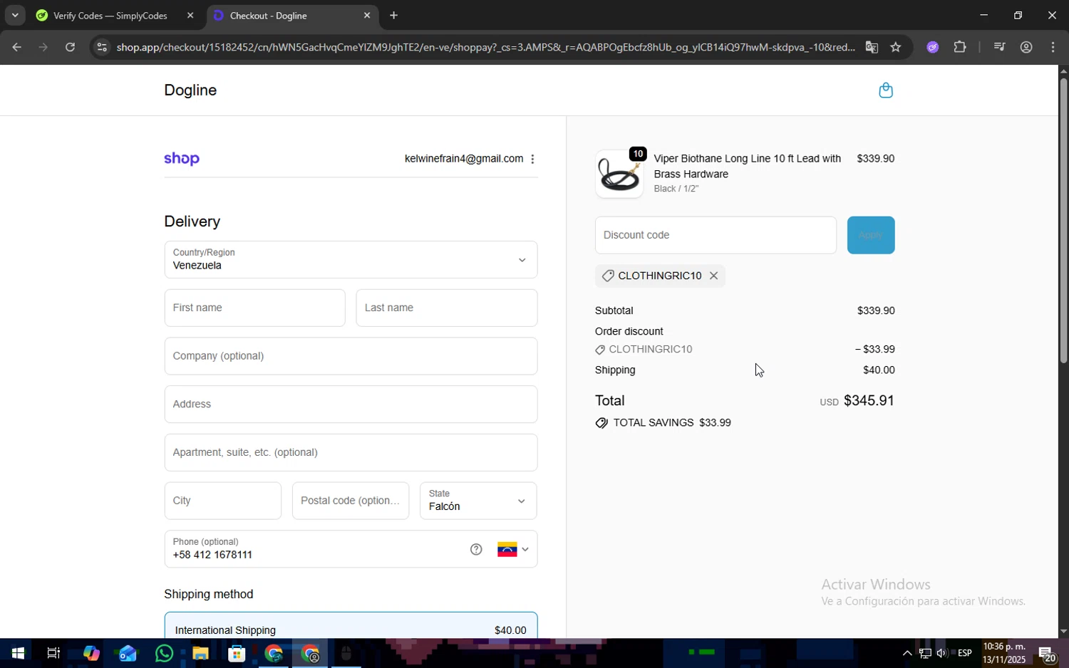 Dogline discount code screenshot showing code CLOTHINGRIC10 applied at Dogline checkout page. Uploaded by SimplyCodes community member Freeman on Nov 14, 2025