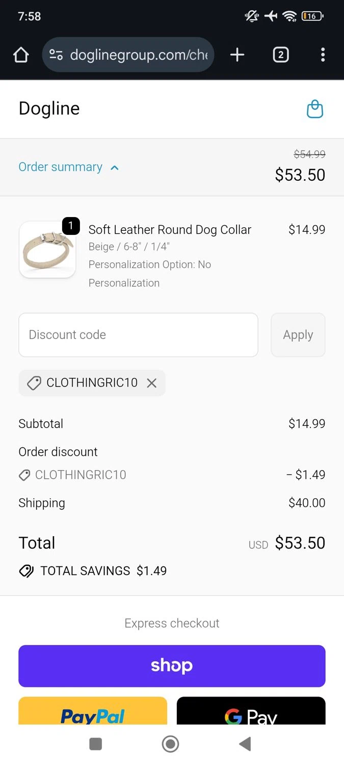 Dogline discount code screenshot showing code CLOTHINGRIC10 applied at Dogline checkout page. Uploaded by SimplyCodes community member RoyalSpotter5217 on Sep 20, 2025