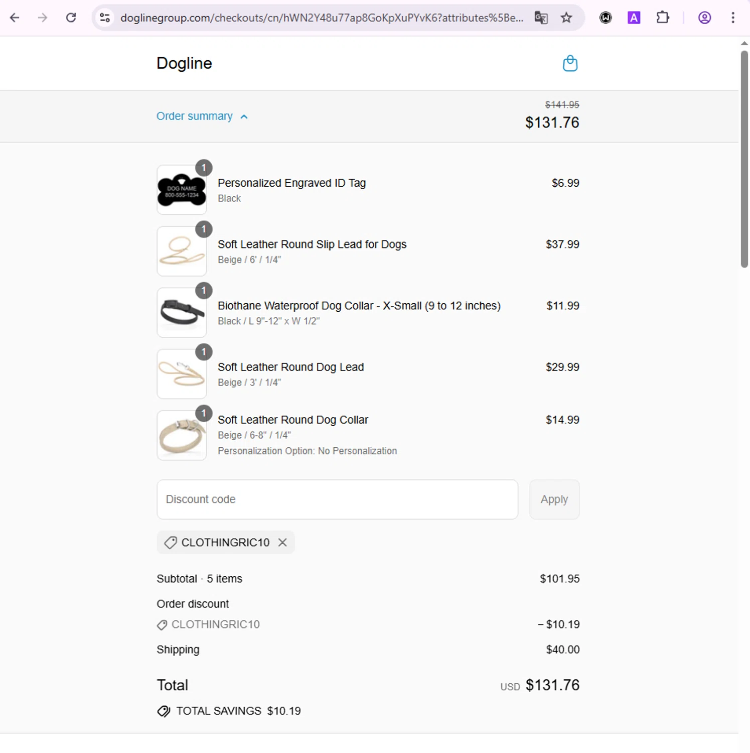 Dogline discount code screenshot showing code CLOTHINGRIC10 applied at Dogline checkout page. Uploaded by SimplyCodes community member ivanguere on Sep 3, 2025