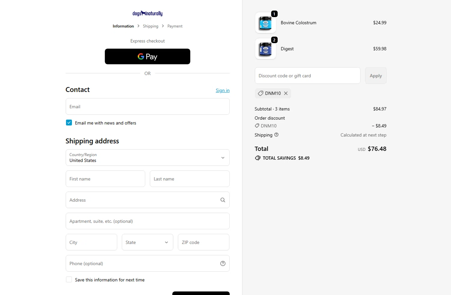 Dogs Naturally checkout page showing Dogs Naturally promo code box | Screenshot taken by SimplyCodes community member on Jan 13, 2026