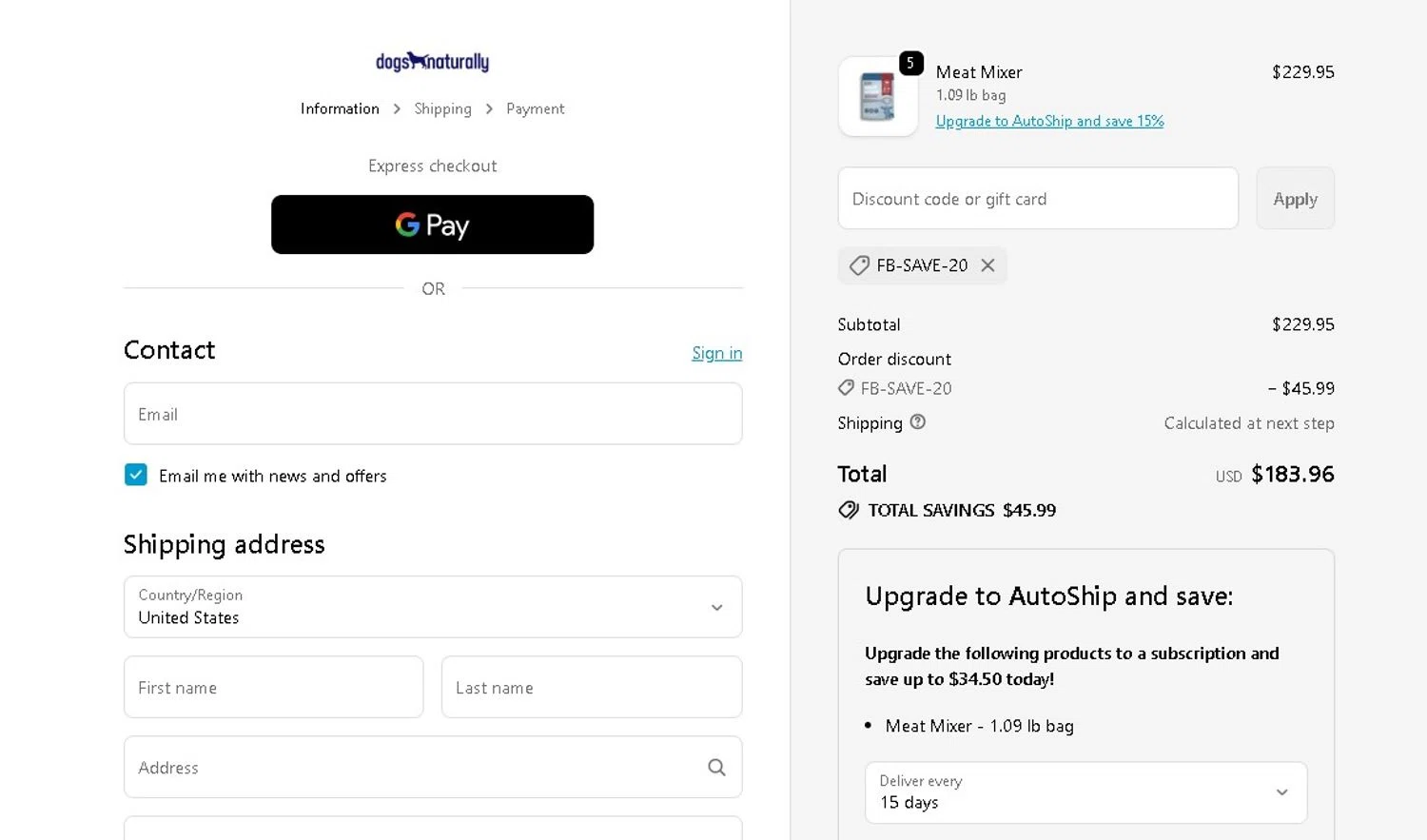 Dogs Naturally promo code screenshot showing code FB-SAVE-20 applied at Dogs Naturally checkout page. Uploaded by SimplyCodes community member LAMINEJAMAL on Jan 10, 2026