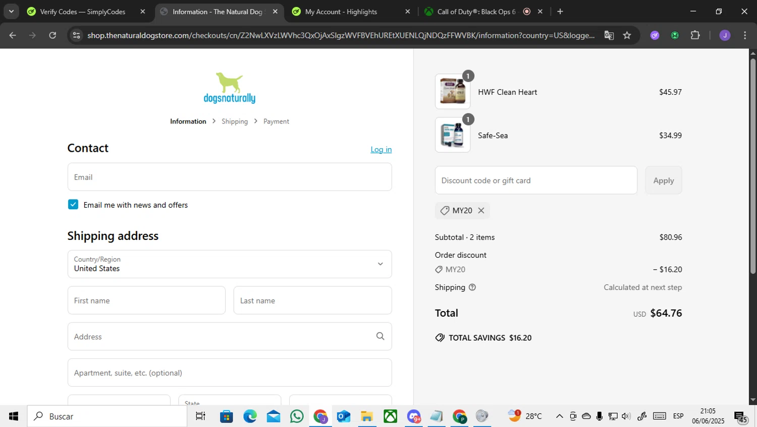 Dogs Naturally promo code screenshot showing code MY20 applied at Dogs Naturally checkout page. Uploaded by SimplyCodes community member ENCARAMESSI on Jun 7, 2025