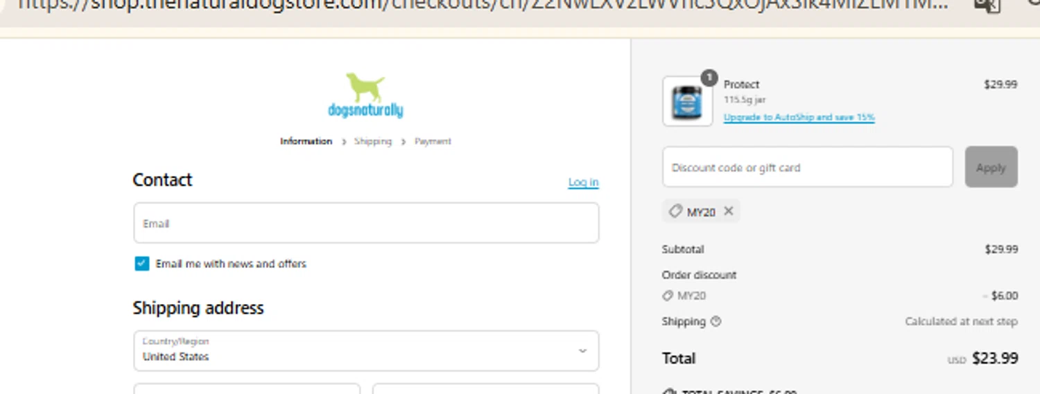Dogs Naturally promo code screenshot showing code MY20 applied at Dogs Naturally checkout page. Uploaded by SimplyCodes community member RewardFinder4836 on Jun 21, 2025