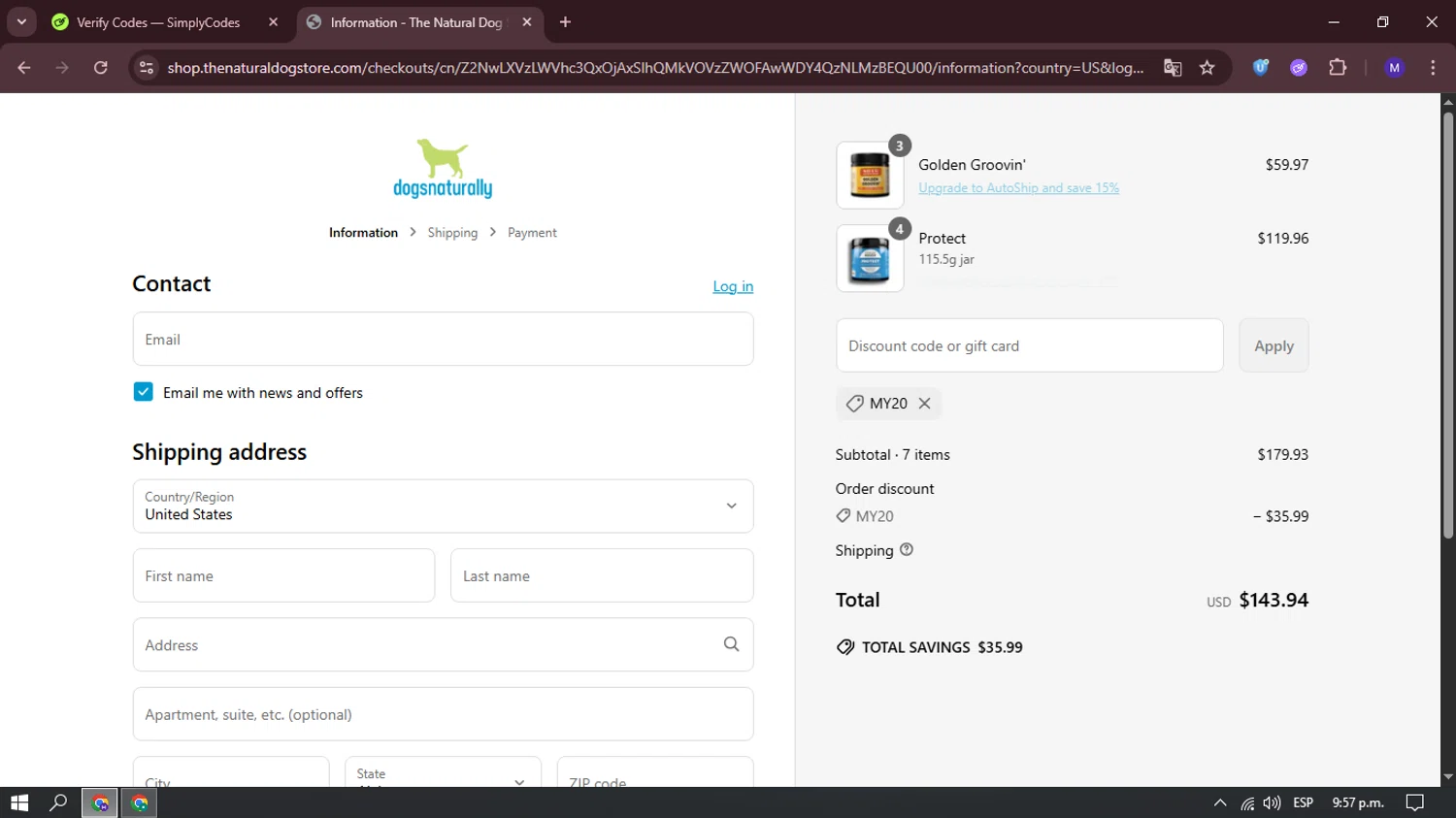 Dogs Naturally promo code screenshot showing code MY20 applied at Dogs Naturally checkout page. Uploaded by SimplyCodes community member iuesei on Jun 14, 2025