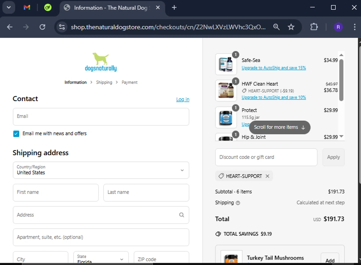 Dogs Naturally promo code screenshot showing code HEART-SUPPORT applied at Dogs Naturally checkout page. Uploaded by SimplyCodes community member CashCollector4199 on Apr 25, 2025