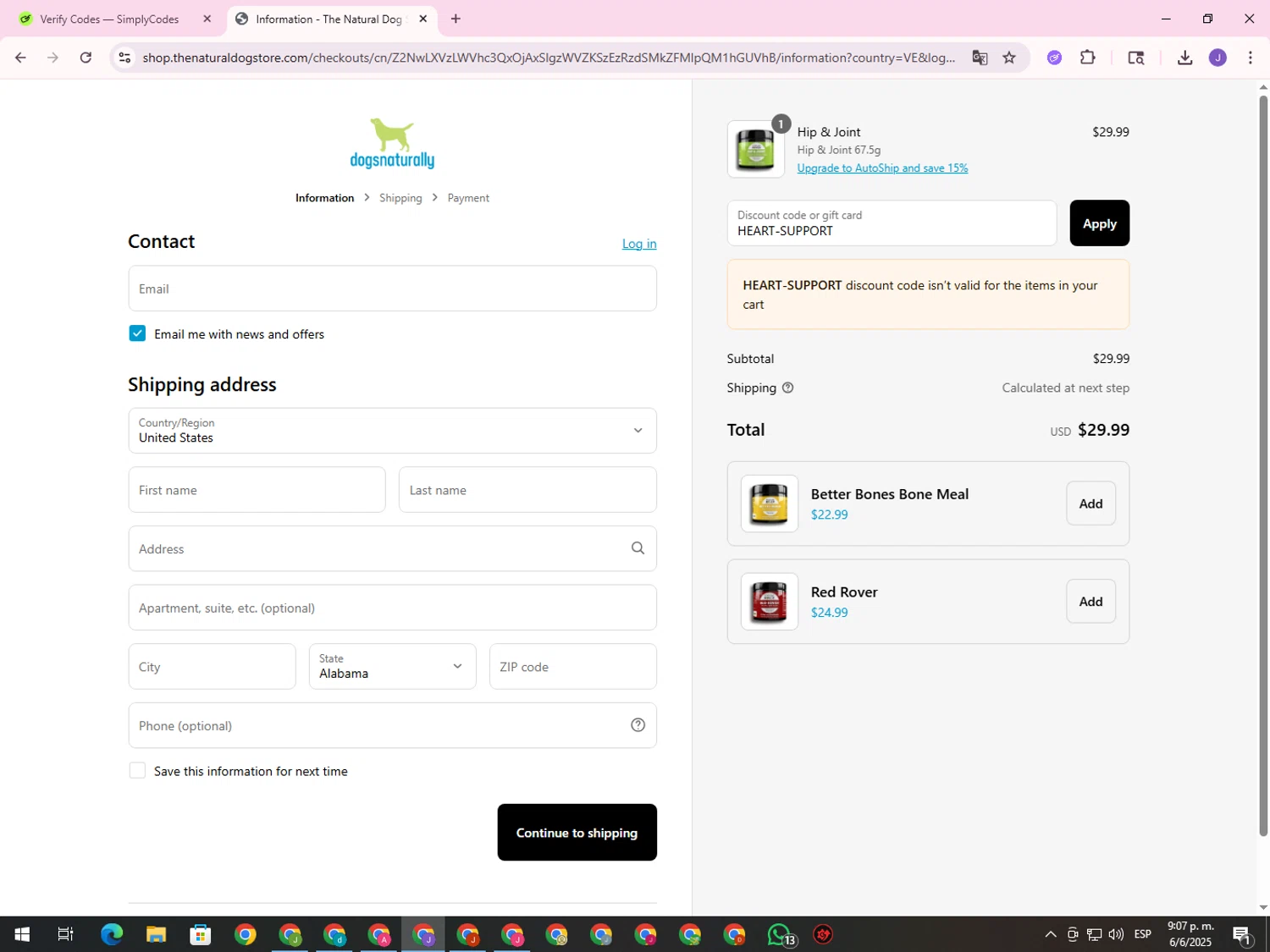 Dogs Naturally promo code screenshot showing code HEART-SUPPORT applied at Dogs Naturally checkout page. Uploaded by SimplyCodes community member ValueHero2277 on Jun 7, 2025