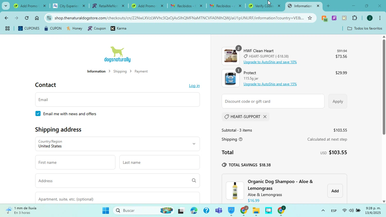 Dogs Naturally promo code screenshot showing code HEART-SUPPORT applied at Dogs Naturally checkout page. Uploaded by SimplyCodes community member jorgejavierherrera on Jun 14, 2025