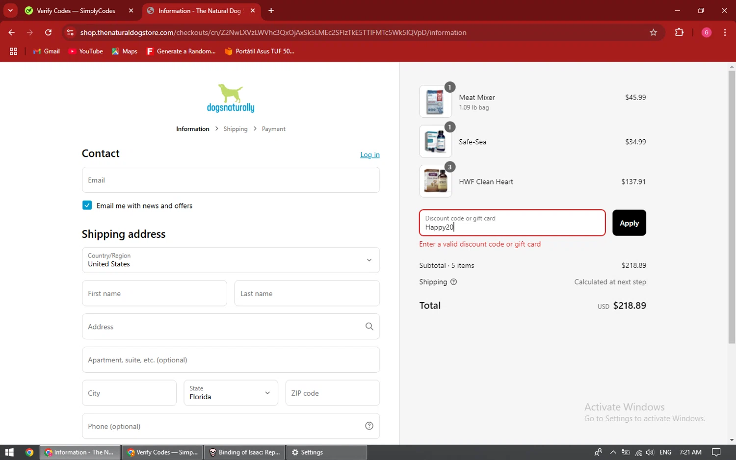 Dogs Naturally promo code screenshot showing code Happy20 applied at Dogs Naturally checkout page. Uploaded by SimplyCodes community member GGGilbert on Mar 5, 2025