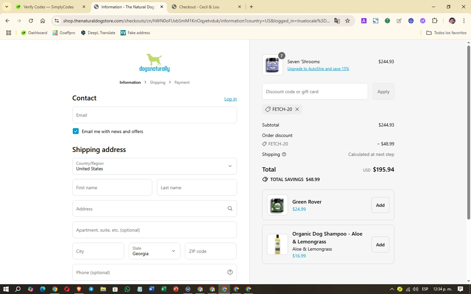 Dogs Naturally promo code screenshot showing code FETCH-20 applied at Dogs Naturally checkout page. Uploaded by SimplyCodes community member Oklahoma_City on Jul 19, 2025