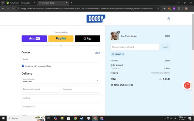 Dogsy checkout page showing Dogsy promo code box | Screenshot taken by SimplyCodes community member on Mar 3, 2025
