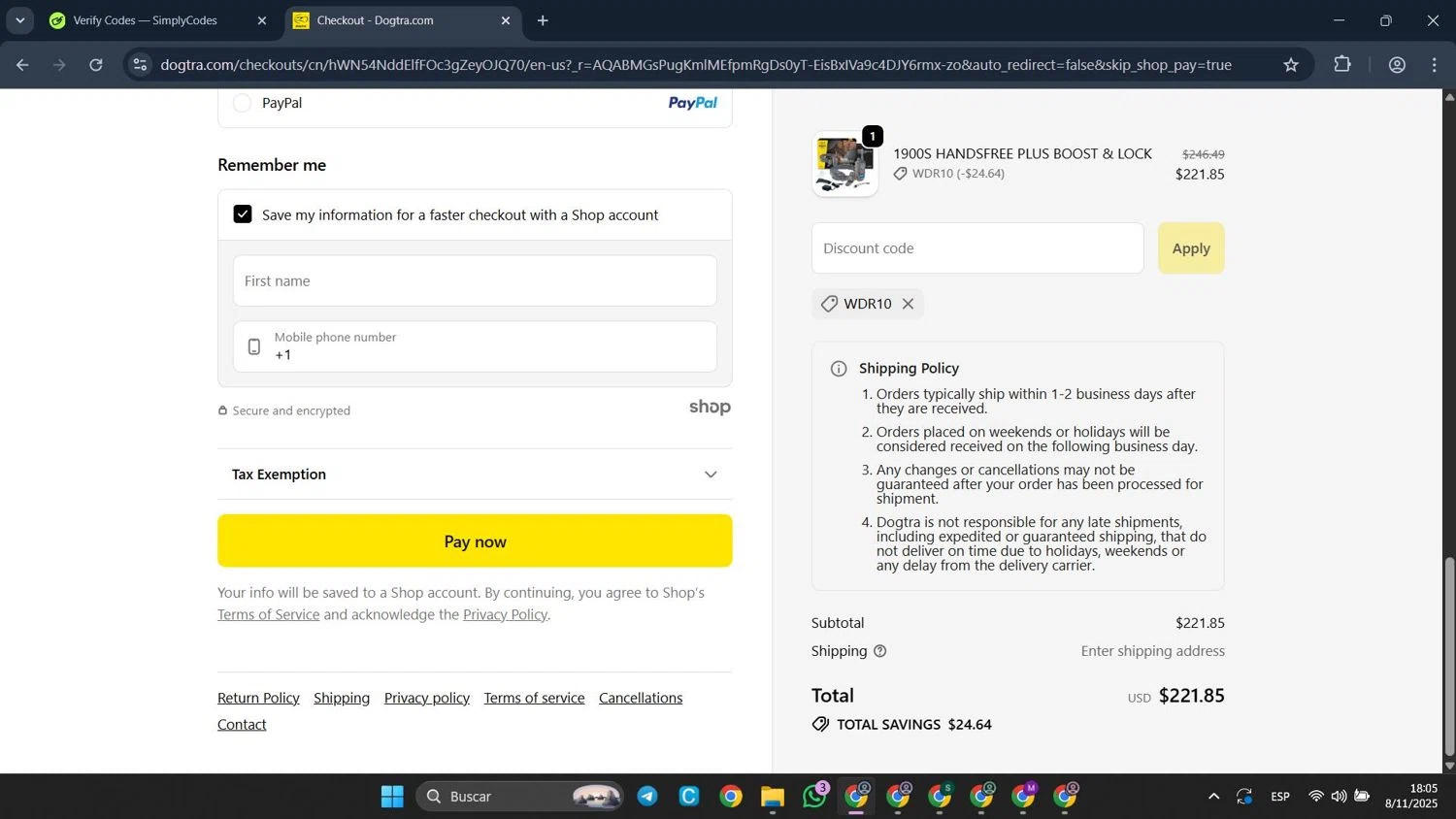 Dogtra promo code screenshot showing code WDR10 applied at Dogtra checkout page. Uploaded by SimplyCodes community member CleverFalcon6244 on Nov 8, 2025