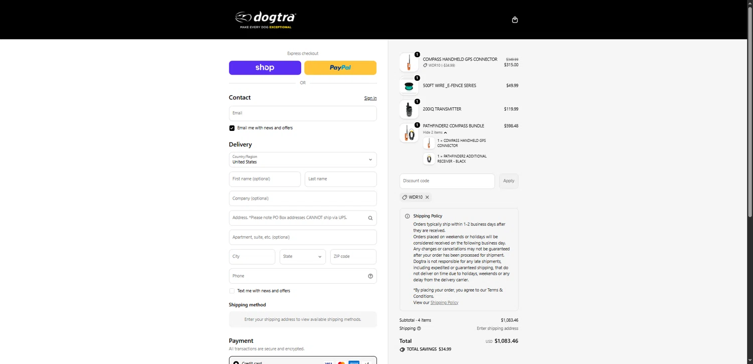 Dogtra promo code screenshot showing code WDR10 applied at Dogtra checkout page. Uploaded by SimplyCodes community member TokenNavigator3088 on Feb 26, 2026