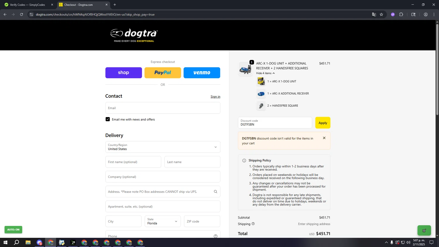 Dogtra promo code screenshot showing code DGTFSBN applied at Dogtra checkout page. Uploaded by SimplyCodes community member kkkkkkkkkkkkkkkkkkkk on Nov 2, 2025