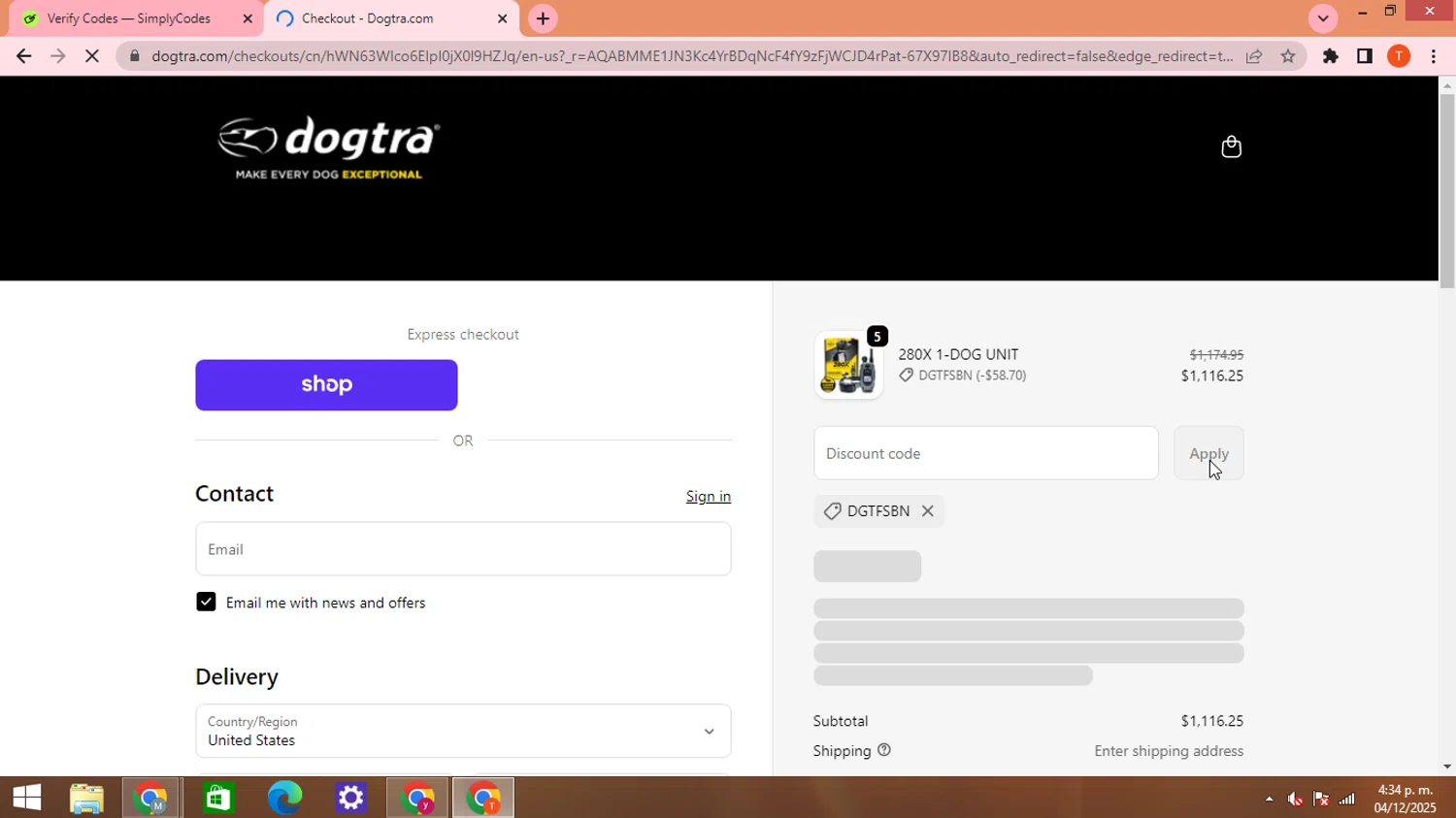 Dogtra promo code screenshot showing code DGTFSBN applied at Dogtra checkout page. Uploaded by SimplyCodes community member HHHHHHH on Dec 4, 2025