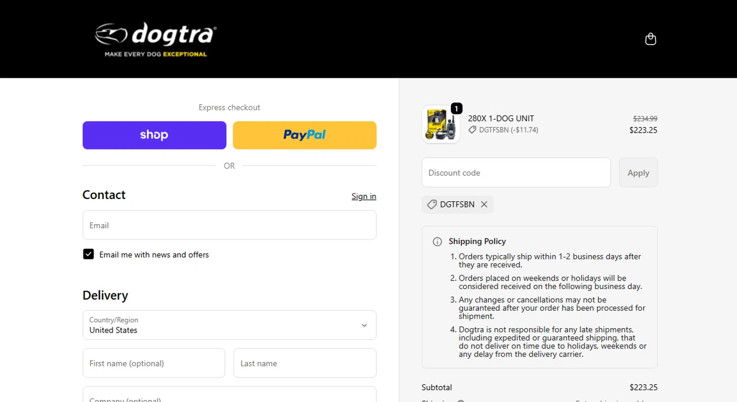 Dogtra promo code screenshot showing code DGTFSBN applied at Dogtra checkout page. Uploaded by SimplyCodes community member Omega77 on Nov 2, 2025