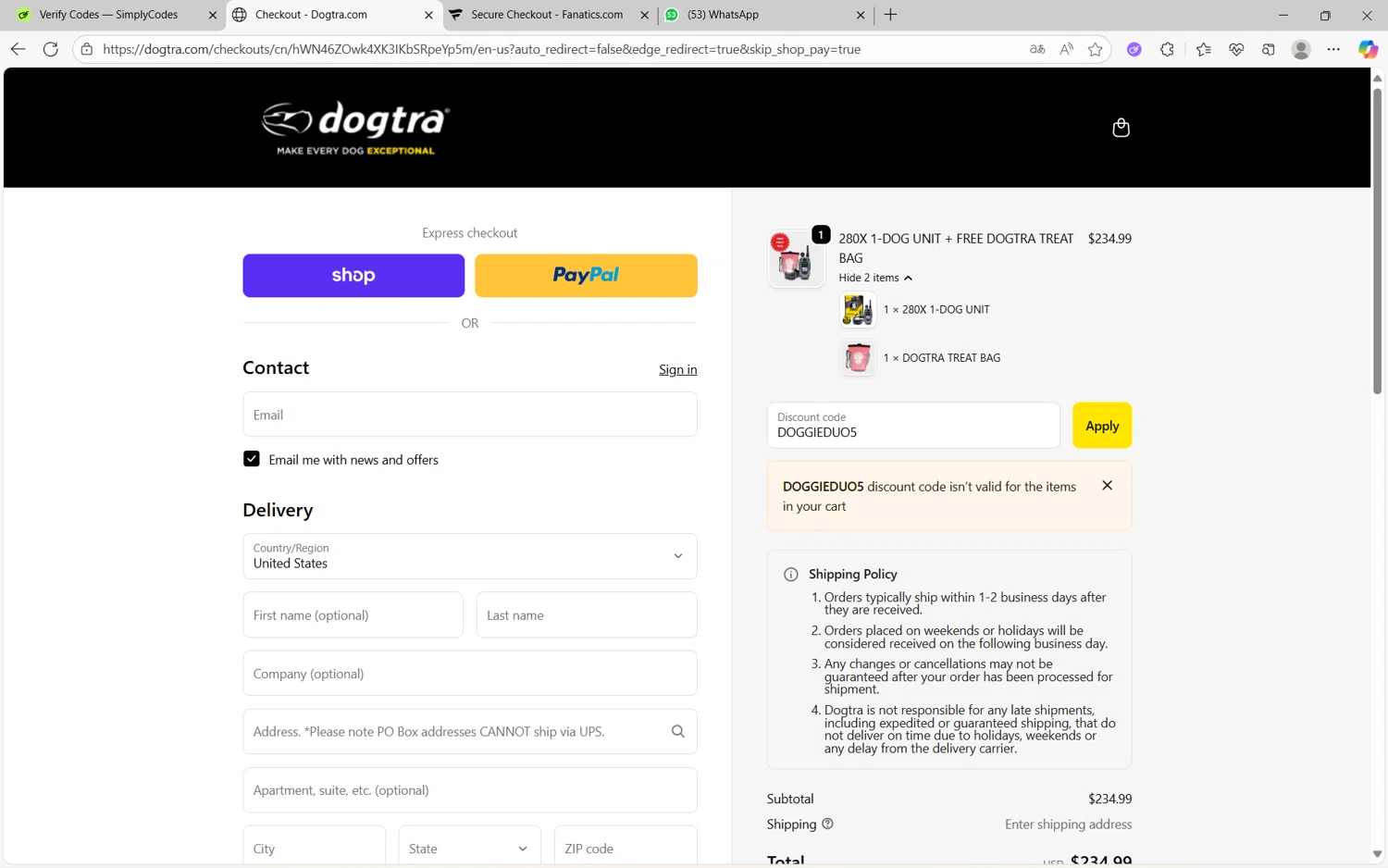 Dogtra promo code screenshot showing code DOGGIEDUO5 applied at Dogtra checkout page. Uploaded by SimplyCodes community member juanx1702 on Oct 14, 2025