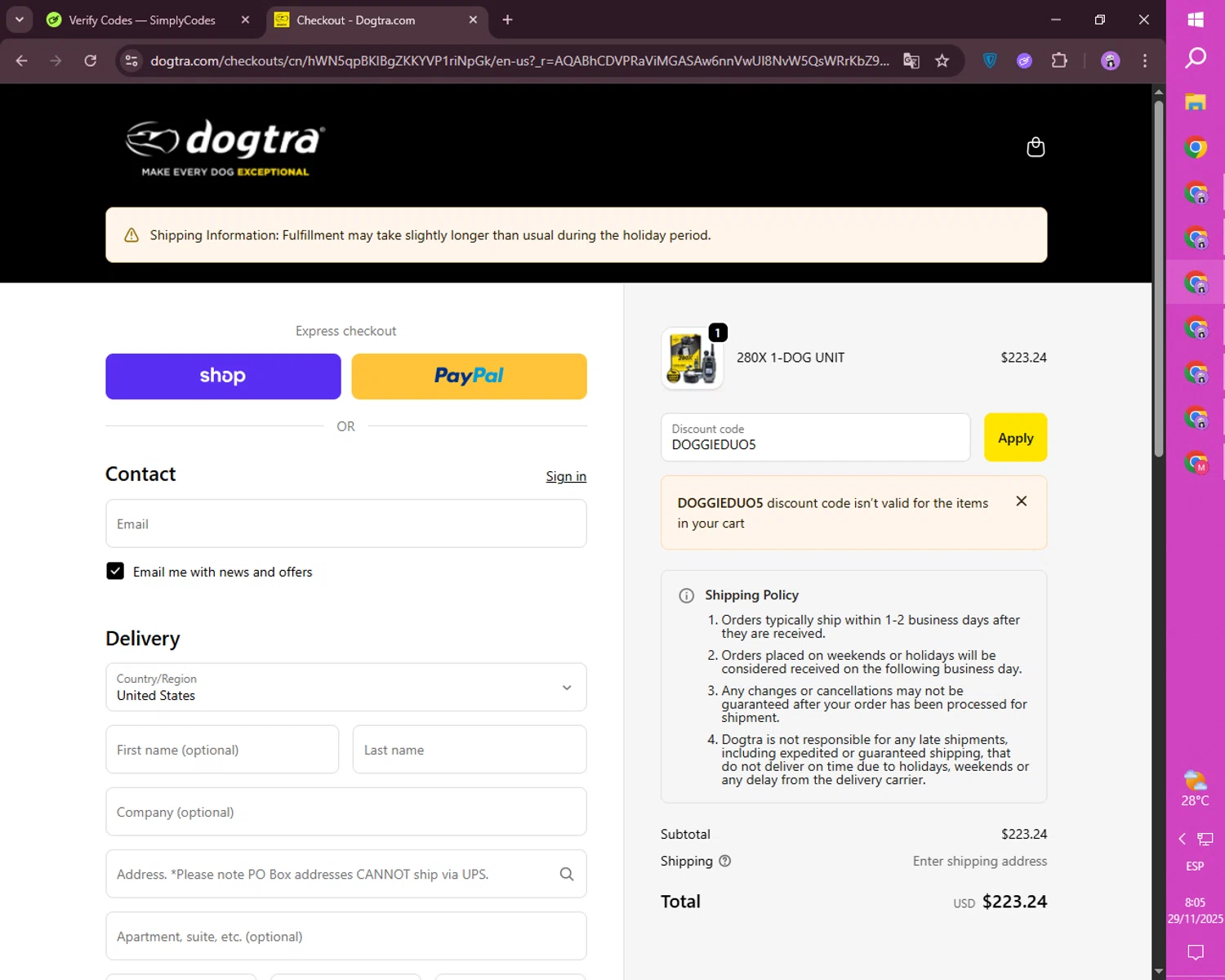 Dogtra promo code screenshot showing code DOGGIEDUO5 applied at Dogtra checkout page. Uploaded by SimplyCodes community member mileSalima on Nov 29, 2025
