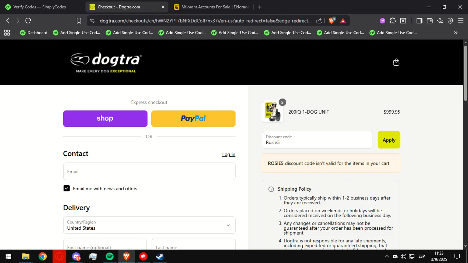 Dogtra promo code screenshot showing code Rosie5 applied at Dogtra checkout page. Uploaded by SimplyCodes community member Ultrapapu on Sep 3, 2025