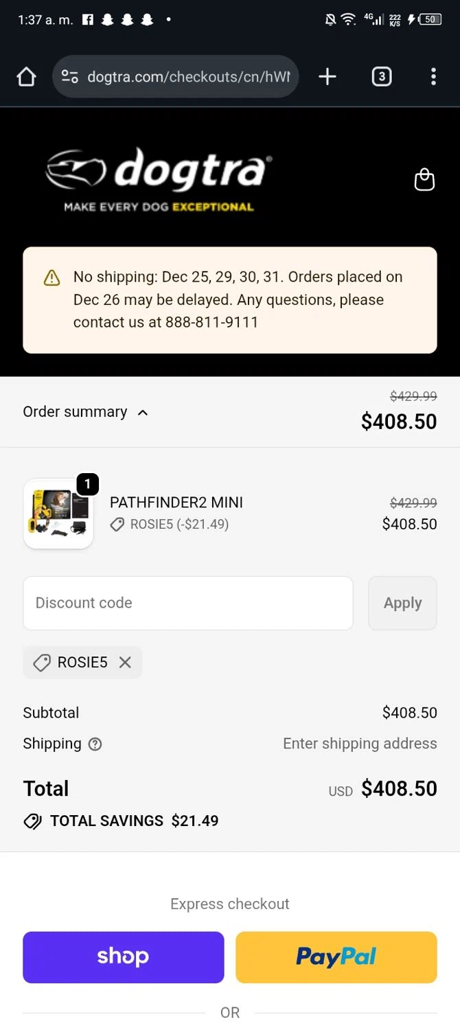 Dogtra promo code screenshot showing code Rosie5 applied at Dogtra checkout page. Uploaded by SimplyCodes community member JandryV on Dec 23, 2025