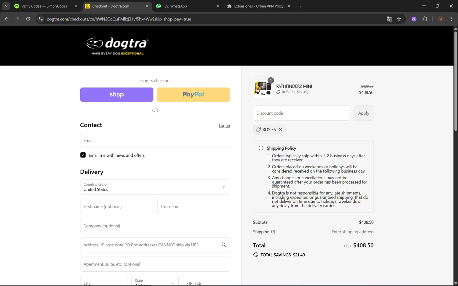Dogtra promo code screenshot showing code Rosie5 applied at Dogtra checkout page. Uploaded by SimplyCodes community member juanx1702 on Aug 30, 2025