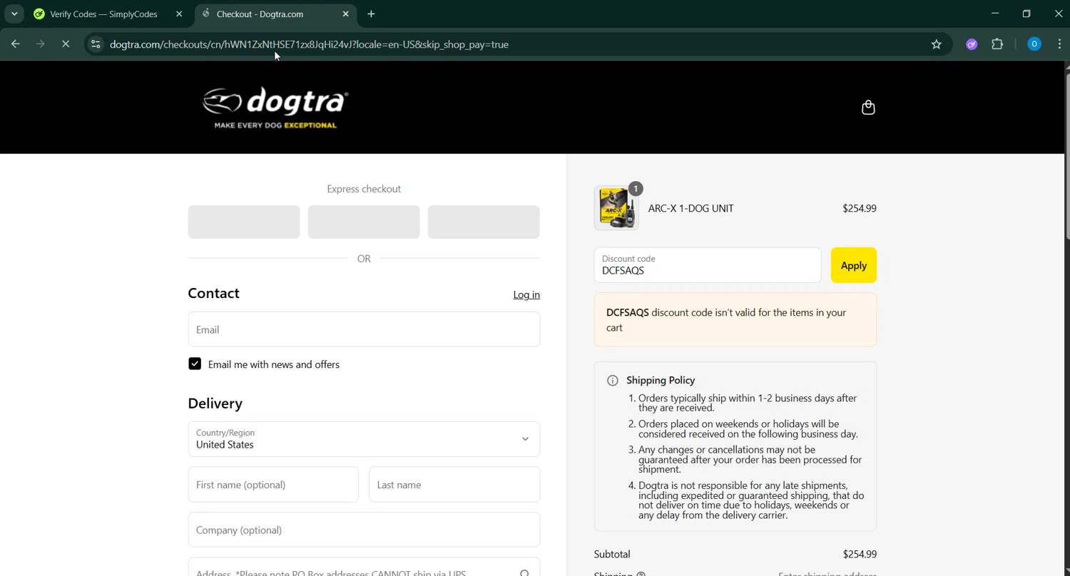 Dogtra promo code screenshot showing code DCFSAQS applied at Dogtra checkout page. Uploaded by SimplyCodes community member GoldAdmiral5202 on Aug 8, 2025