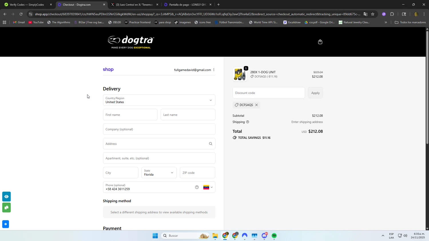 Dogtra promo code screenshot showing code DCFSAQS applied at Dogtra checkout page. Uploaded by SimplyCodes community member kakakakakka on Nov 24, 2025