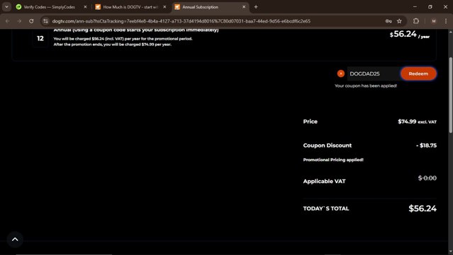 Dogtv checkout page showing Dogtv promo code box | Screenshot taken by SimplyCodes community member on May 1, 2025