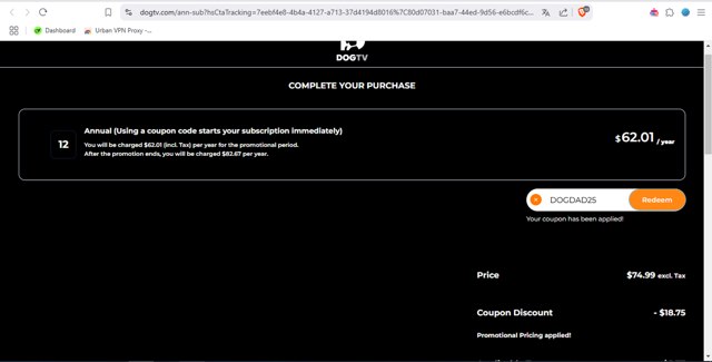 Dogtv checkout page showing Dogtv promo code box | Screenshot taken by SimplyCodes community member on Apr 2, 2025