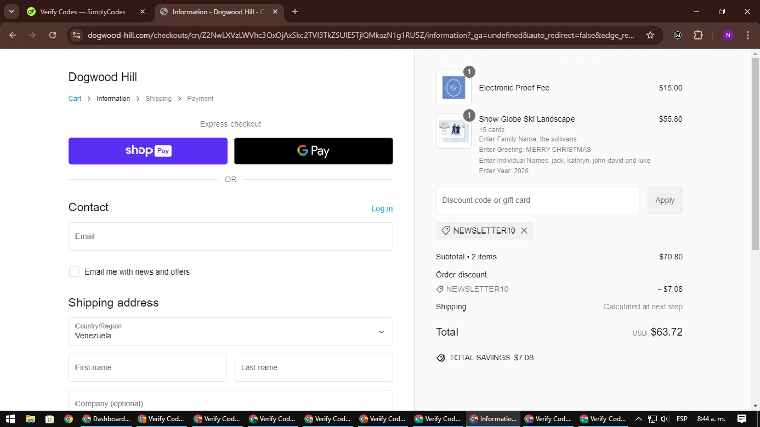 Dogwood Hill promo code screenshot showing code NEWSLETTER10 applied at Dogwood Hill checkout page. Uploaded by SimplyCodes community member NATAAAAAANAELCANO on Dec 28, 2024