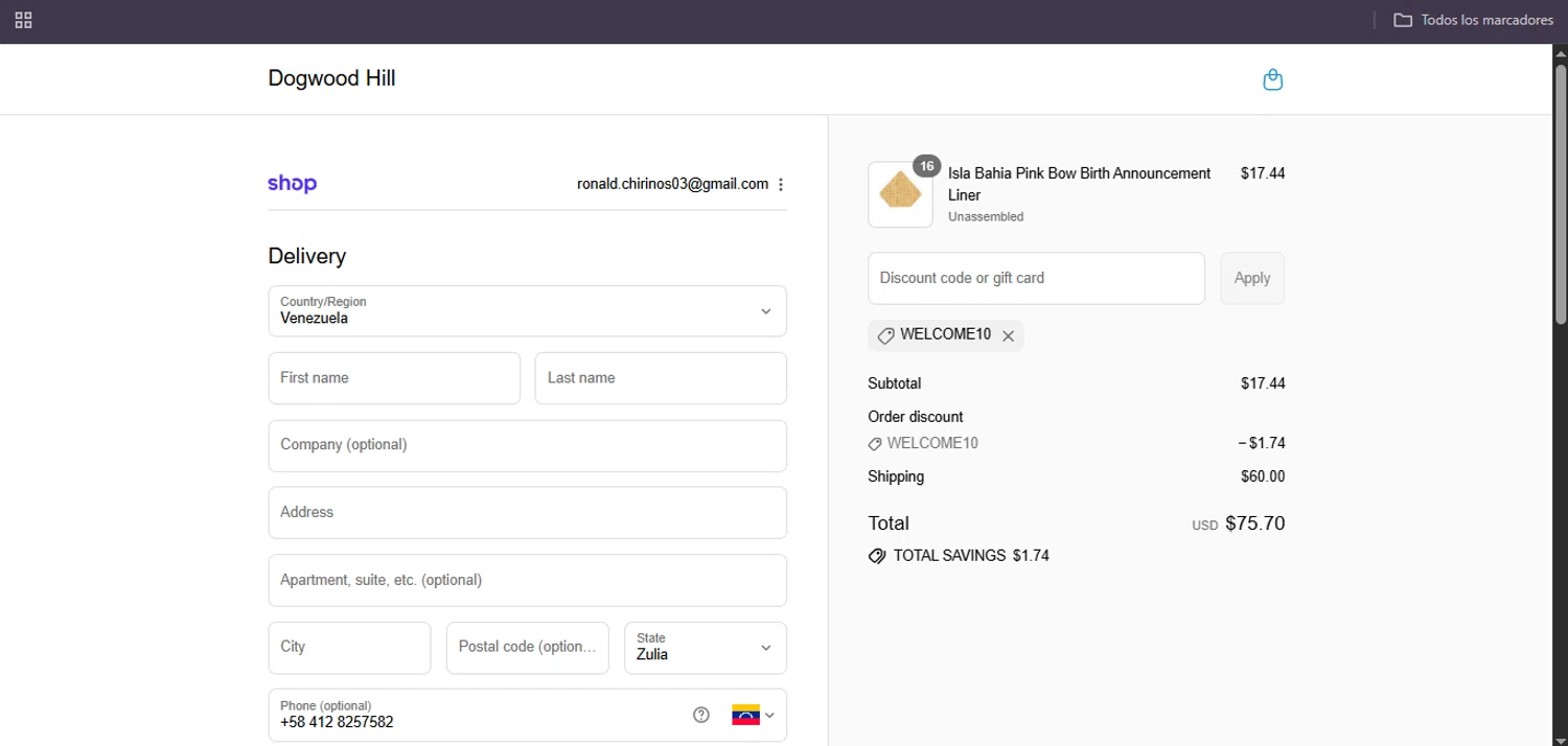 Dogwood Hill promo code screenshot showing code WELCOME10 applied at Dogwood Hill checkout page. Uploaded by SimplyCodes community member Egni_149037891 on Aug 13, 2025